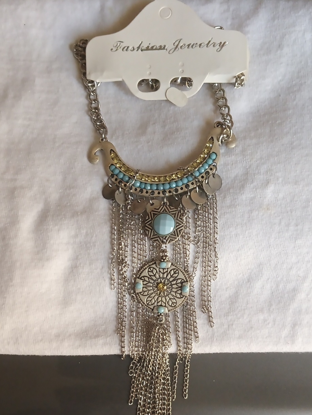 Women's Boho Fashion Jewelry Silver-Tone Necklace with Turquoise & Gold Accents